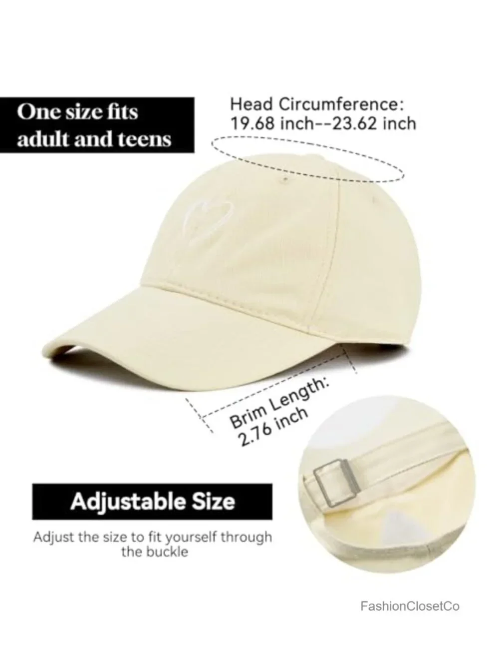 Heart Embroidered Cotton Baseball Cap, Adjustable Low Profile Dad Hat